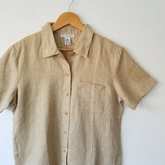 Vintage Real Clothes Saks Fith Avenue  100% Linen Beige Button Front Shirt  M - Picture 10 of 11